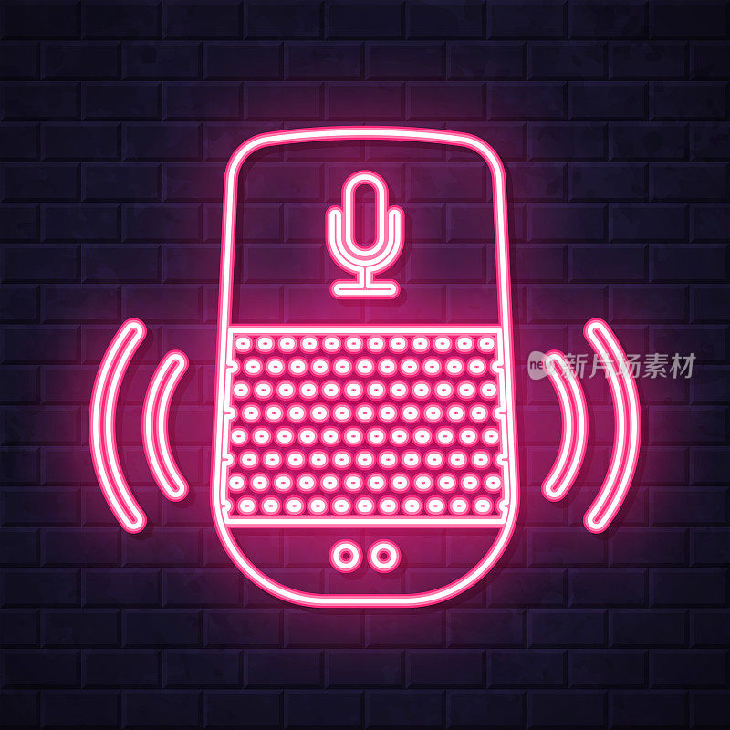 语音助手-智能扬声器。在砖墙背景上发光的霓虹灯图标