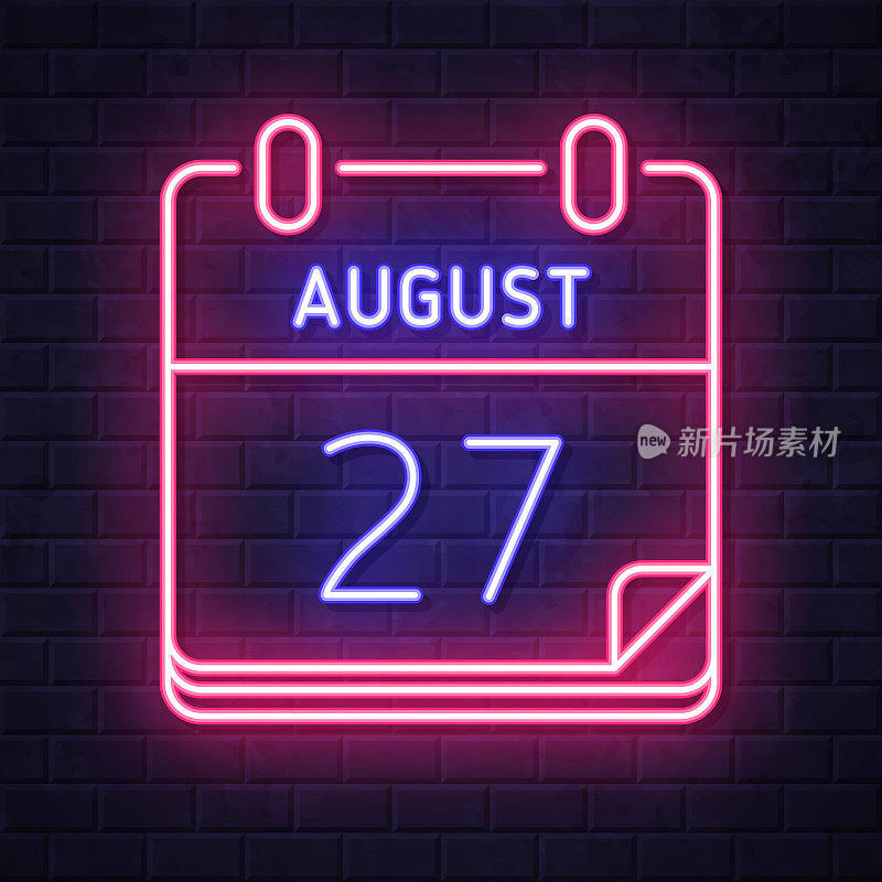 8月27日。在砖墙背景上发光的霓虹灯图标