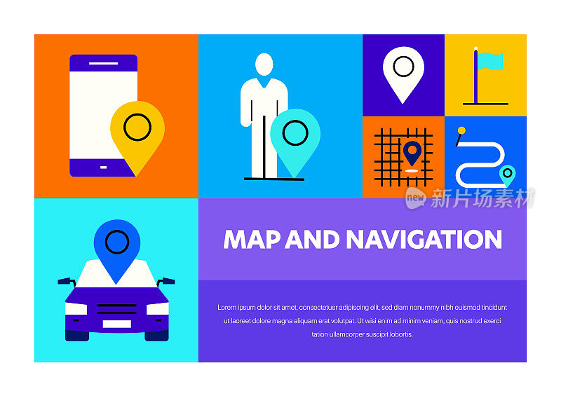 地图和导航相关的矢量横幅设计概念。全局多球体随时可用的模板。网页横幅，网站标题，杂志，移动应用程序等。现代设计。