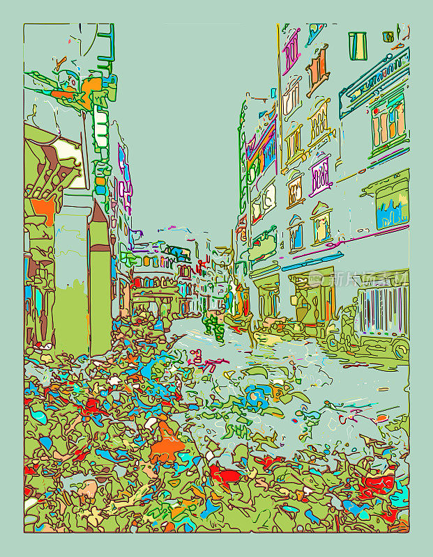 勾勒出艺术风格的卡通海报插画，城市民居建筑在老城区的场景