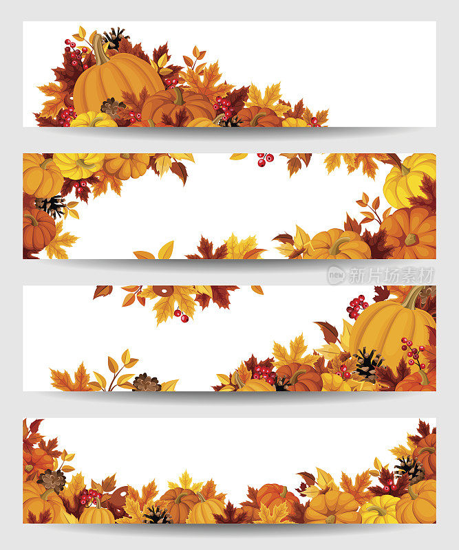 矢量横幅与橙色南瓜和秋天的叶子。