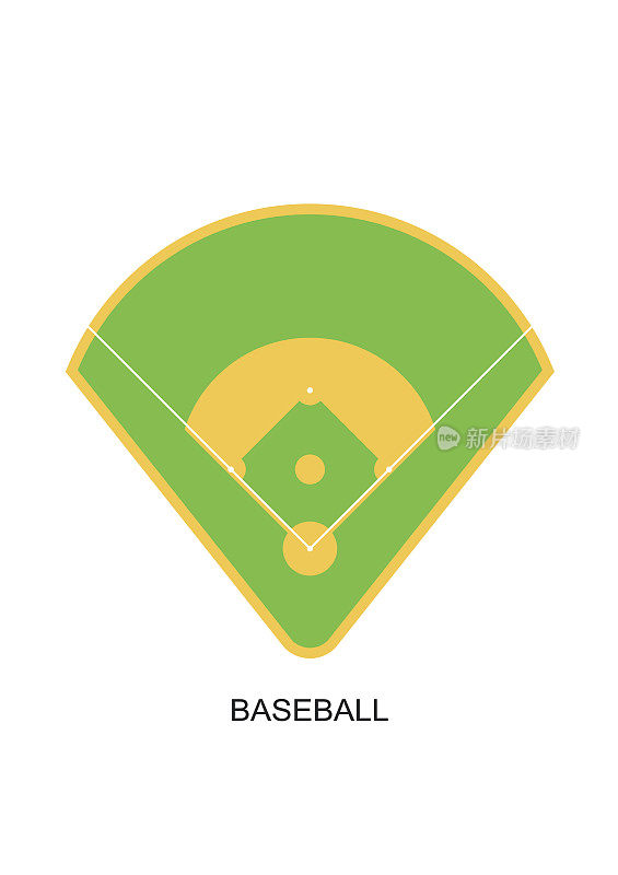 棒球场图标。绿草如茵，赛场平坦孤立