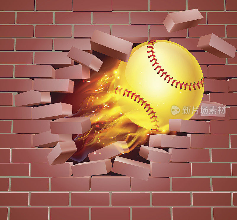 燃烧的垒球冲破砖墙