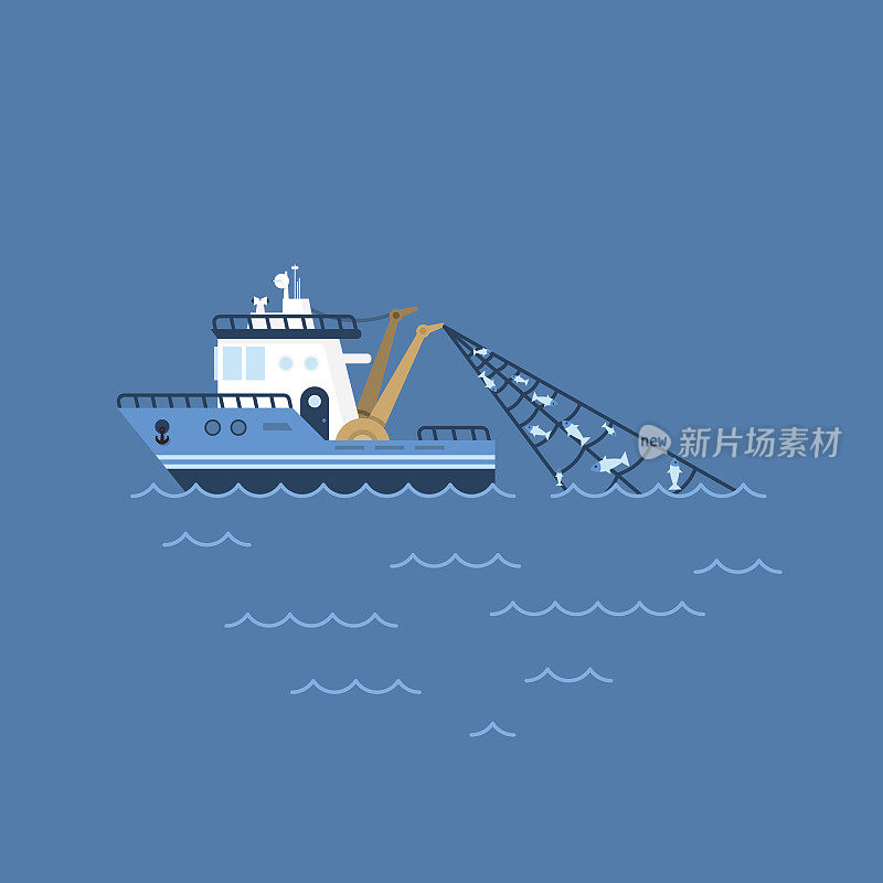 矢量插图的渔船，渔船与捕获网航行在海上