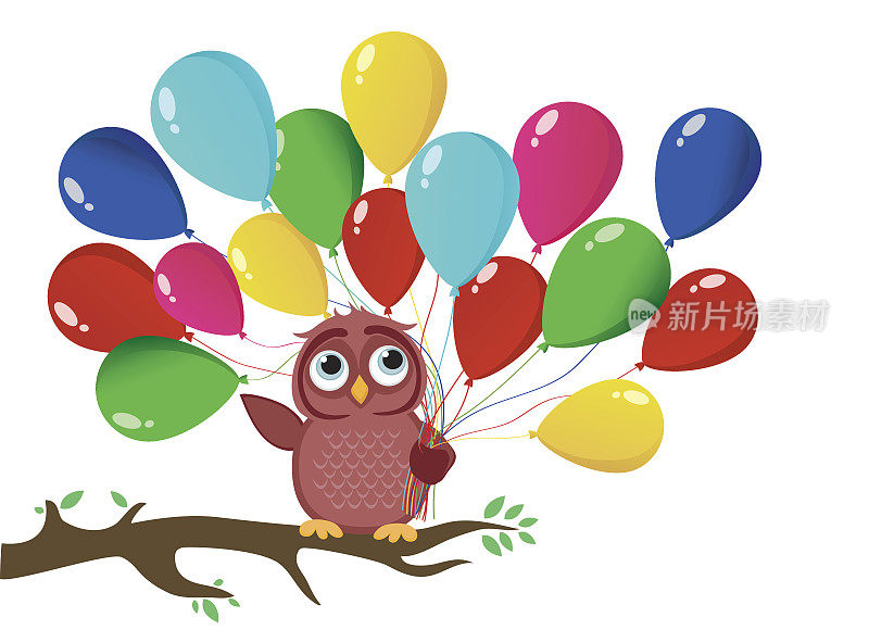 可爱的猫头鹰坐在树枝上，拿着许多五颜六色的气球。贺卡或生日和情人节请柬。矢量图