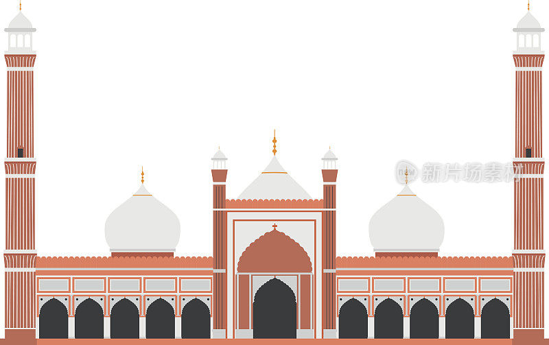 印度德里的红堡。孤立在白色背景矢量插图。