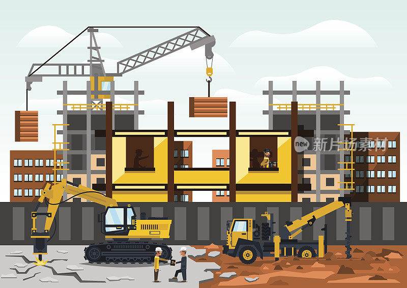 矢量插图上的主题建设工地。以城市为背景的建筑。建筑起重机，沥青钻井挖掘机，卡车，工人。平的风格