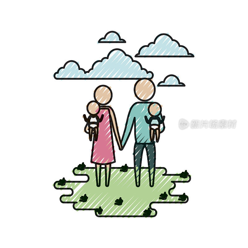 彩色蜡笔剪影天空风景和草与象形文字女人和男人抱着一个婴儿和手