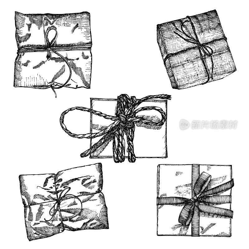 一套彩带、细绳及蝴蝶结礼盒。手绘写实插图。顶视图近距离绘制的礼盒收集孤立的白色背景。