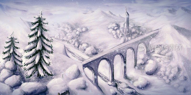 雪景冬季在雪山期间-数字绘画