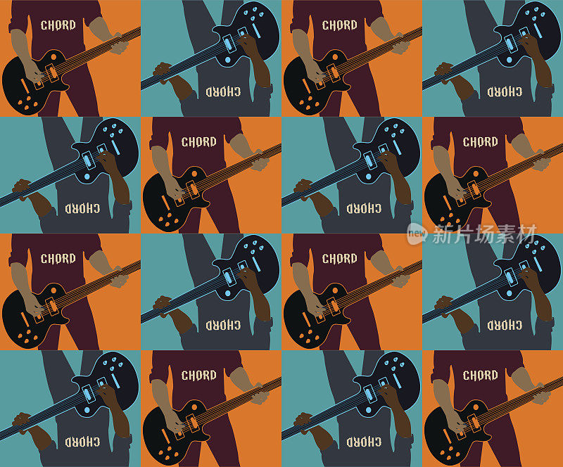 有创意的吉他的球员。矢量插图。吉他手在蓝色和橙色方块的背景组成。