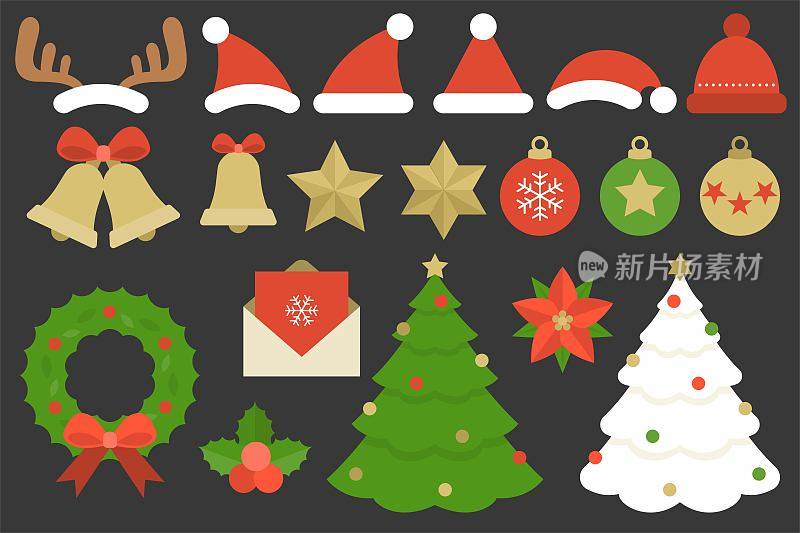 一套圣诞元素，如驯鹿角、圣诞帽、羊毛帽、挂球、星星、带蝴蝶结的钟、槲寄生、圣诞树、鲜花、请帖、圣诞花环等平面设计
