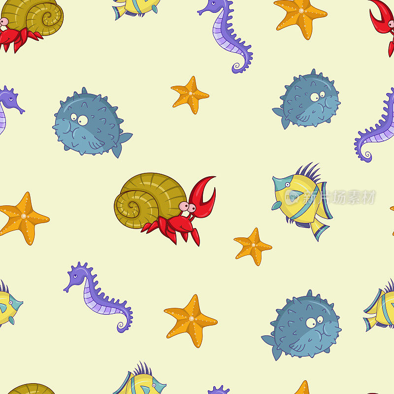 无缝矢量模式与海洋居民:螃蟹，鱼，海星，海马。