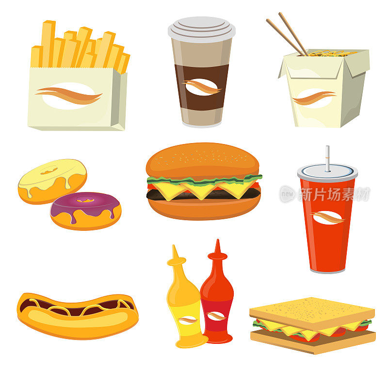 快餐餐饮平面图标矢量插图。