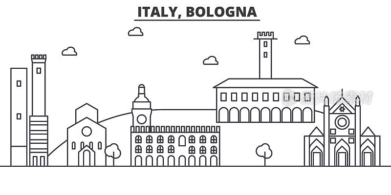 意大利，博洛尼亚建筑线天际线插图。线性向量的城市景观与著名的地标，城市景观，设计图标。风景与可编辑的笔触