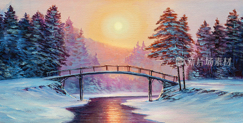 小桥和白雪覆盖的风景