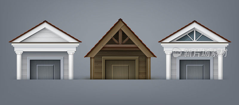 元素立面的矢量图，三个由木材和混凝土制成的门廊，背景是门上的柱子