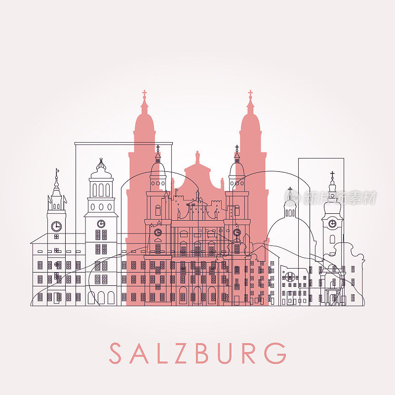用地标勾勒萨尔茨堡的天际线。矢量插图。商务旅游和旅游概念与历史建筑。用于展示、横幅、海报和网站的图像。