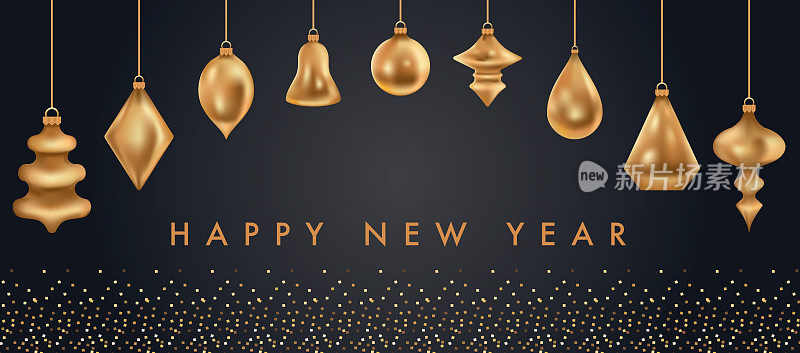 2020年新年快乐金色和黑色贺卡横幅模板。闪亮的金色