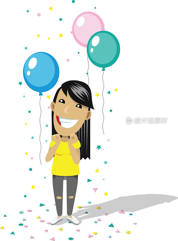 在一个气球和五彩纸屑的惊喜派对上的女孩