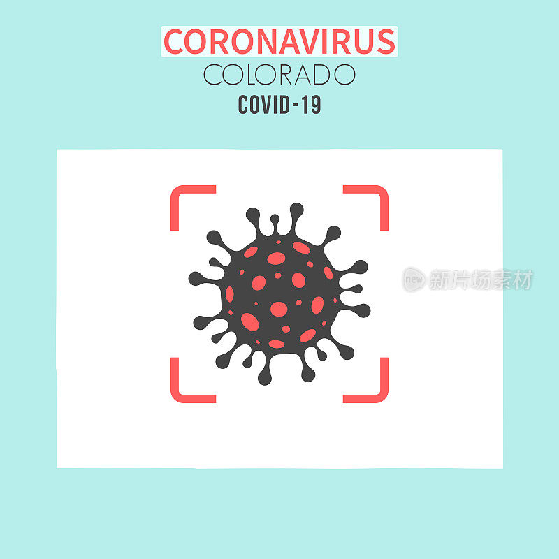 科罗拉多地图，红色取景器中有冠状病毒细胞(COVID-19)