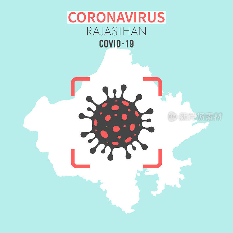 拉贾斯坦邦地图，红色取景器中有冠状病毒细胞(COVID-19)