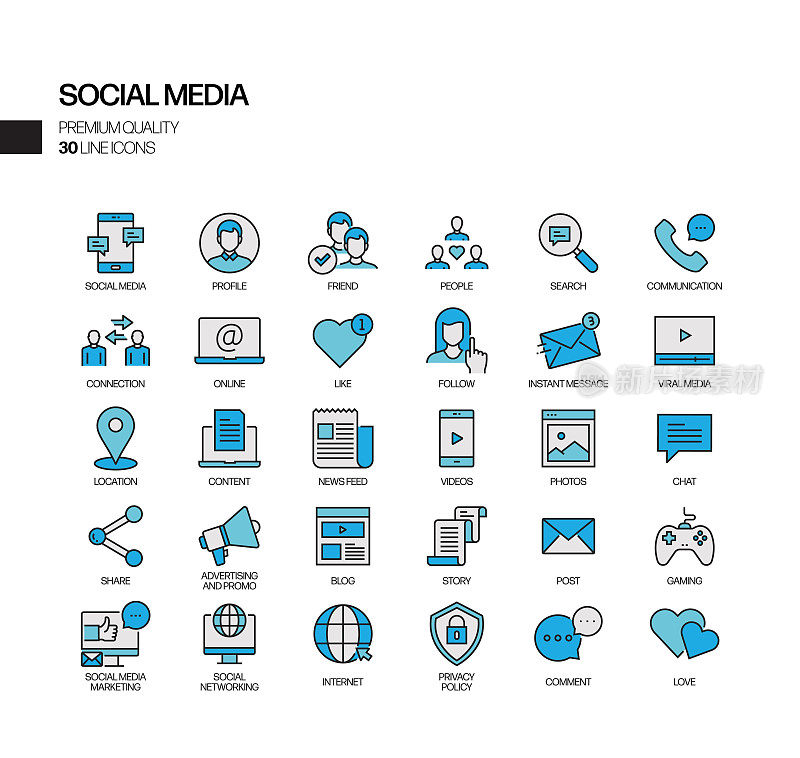 社交媒体相关矢量线图标的简单设置。大纲符号集合