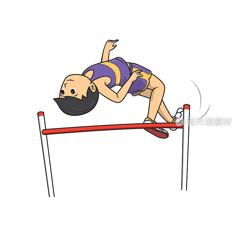 插图画家画穿着紫色衣服的男运动员在体育比赛中跳高。