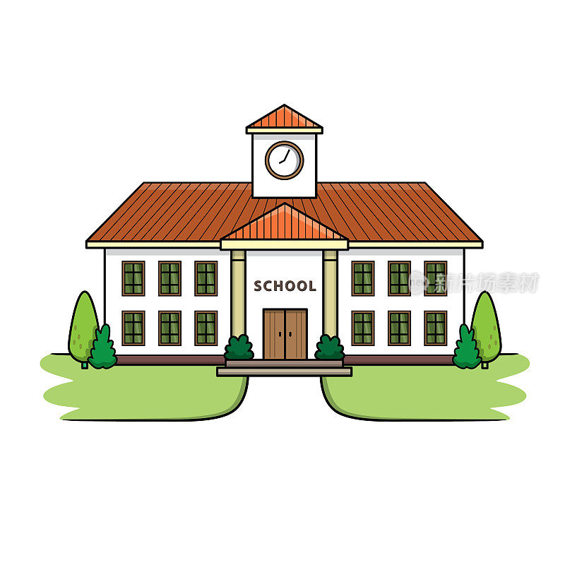 学校建筑平面设计插图。用于教师或那些想制作儿童书籍的人的教学材料。包括使用教学材料在家教育孩子的父母。