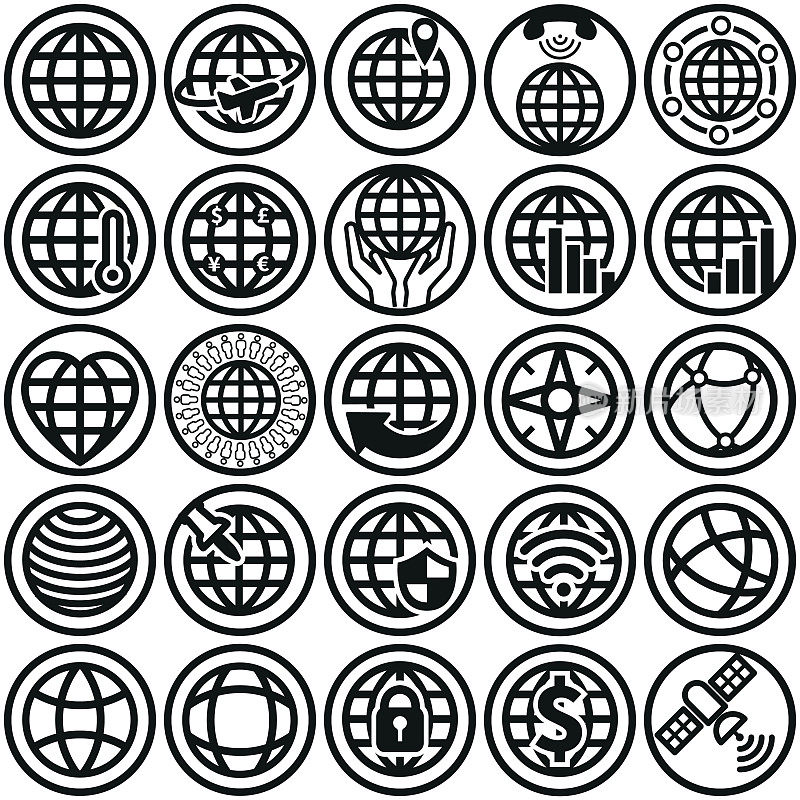 全球圆形平面设计黑白图标设置股票插图。所有的图标都在单独的图层上。