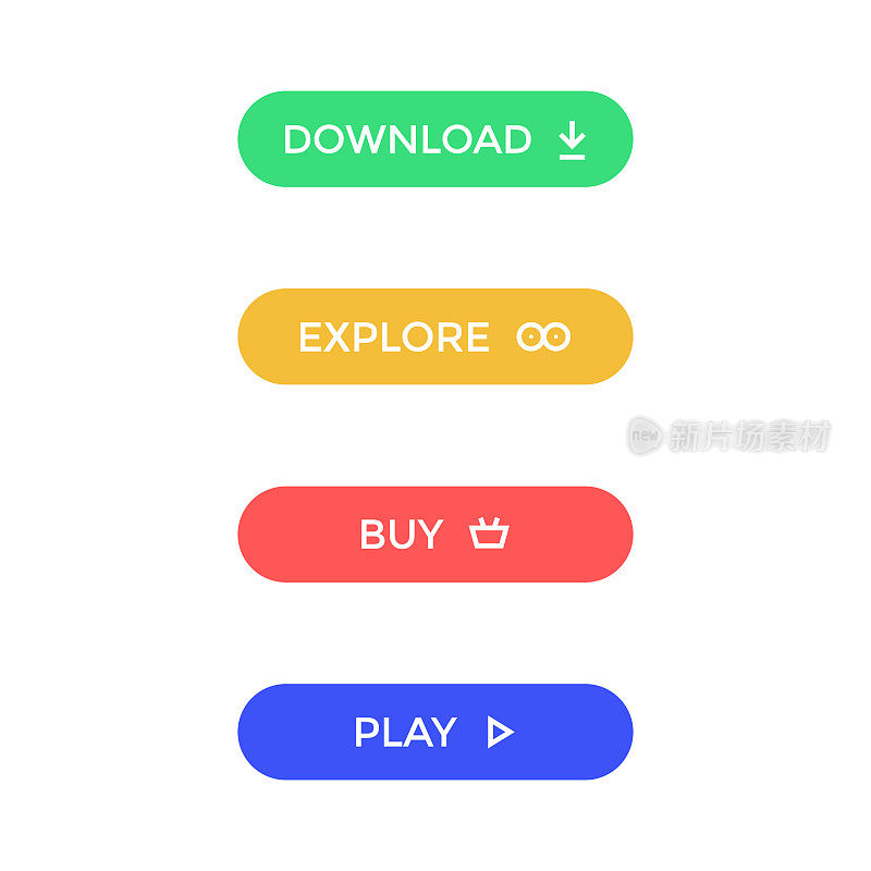 现代按钮图标集。下载，探索，购买和播放按钮平面设计。
