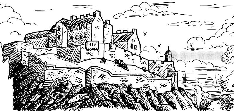 爱丁堡城堡悬崖顶上的塔和石墙。苏格兰的首都，在英国的北部。墨水画画。