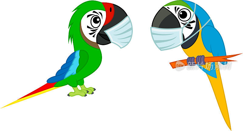 可爱的向量卡通蓝黄金刚鹦鹉鹦鹉和绿色军用金刚鹦鹉与面具