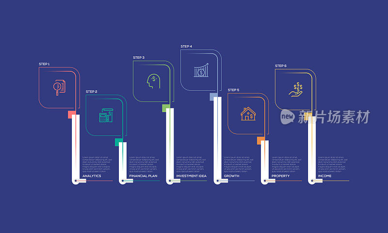 信息图表设计模板。分析，财务计划，投资想法，增长，财产，收入图标6个选项或步骤。