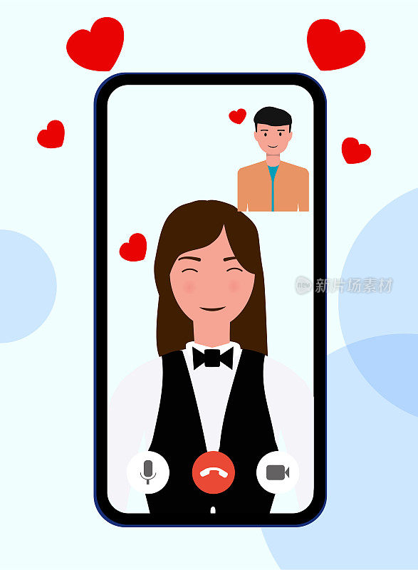 视频通话的概念。情侣们可以用智能手机进行视频通话。爱在隔离。用智能手机进行视频通话。人们和小玩意。平面风格的插图。爱的距离。