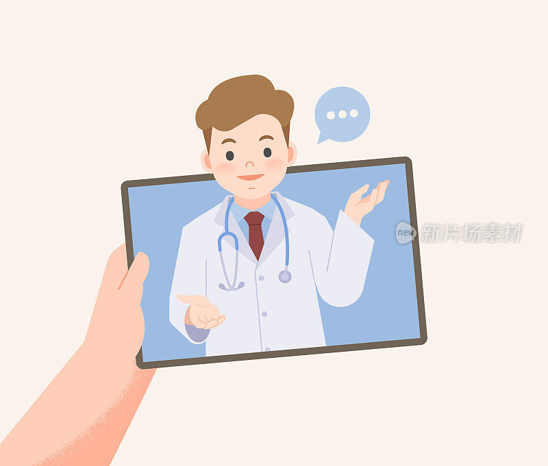 一个手持平板电脑看医生在线视频呼叫连接医院会诊或诊断从距离的地方插图向量。