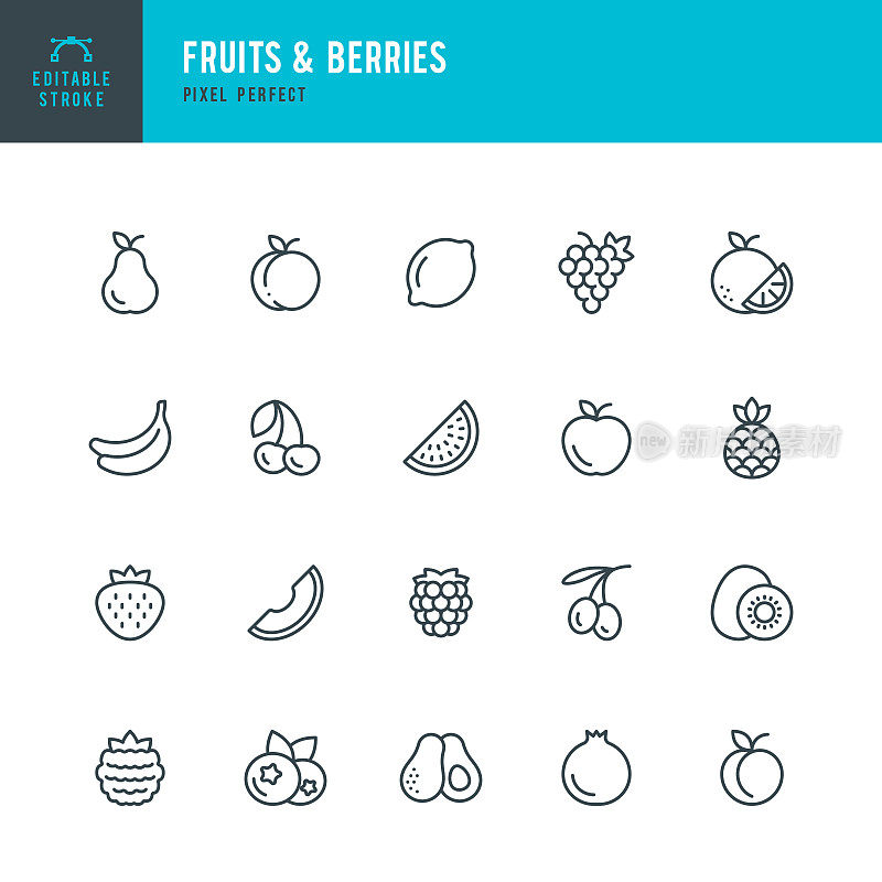 水果和浆果-细线矢量图标设置。像素完美。可编辑的中风。一套包含图标:橙子，香蕉，猕猴桃，苹果，蓝莓，草莓，梨，桃，柠檬，鳄梨，菠萝。