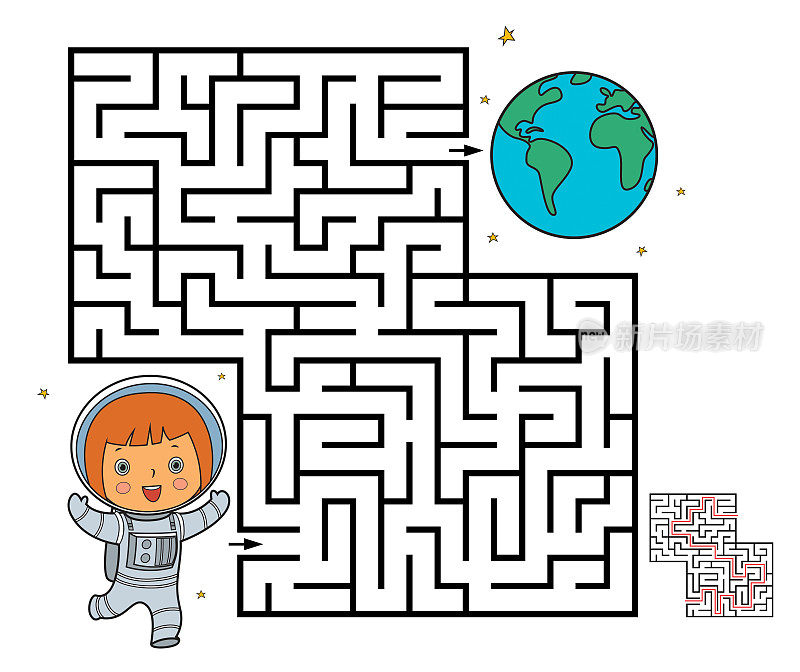 儿童迷宫游戏。帮助宇航员到达地球