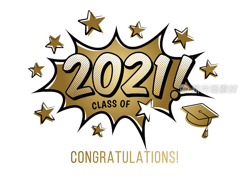 2021届毕业班的概念。数字与毕业帽波普艺术风格的黑色背景。矢量插图。