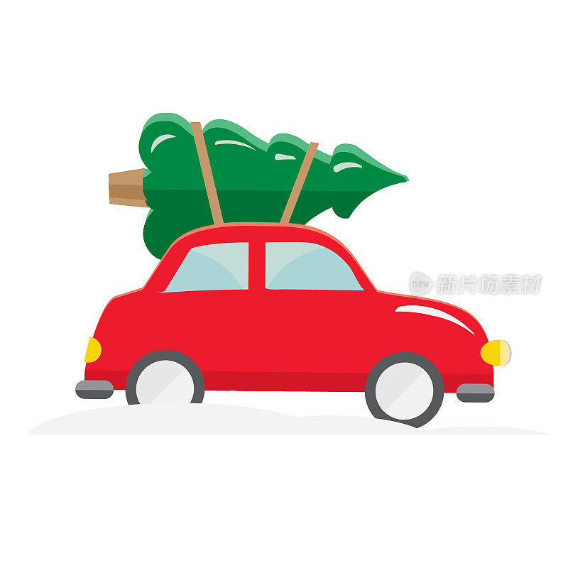 圣诞平面设计图标可爱的红色汽车载着圣诞树