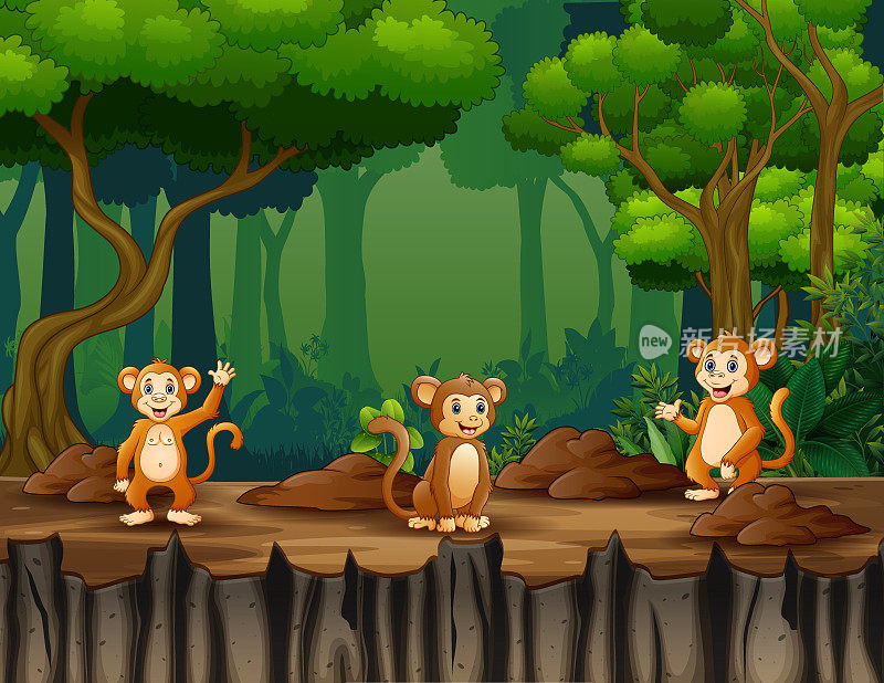 三只快乐的猴子生活在丛林里