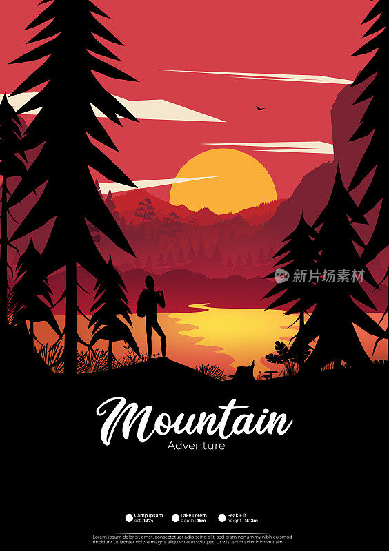 探索海报与红色的天空，山，山，树和湖的剪影