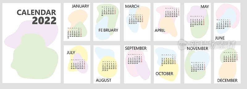 日历或计划2022时尚手绘抽象的最小形状。封面和月报从周一开始