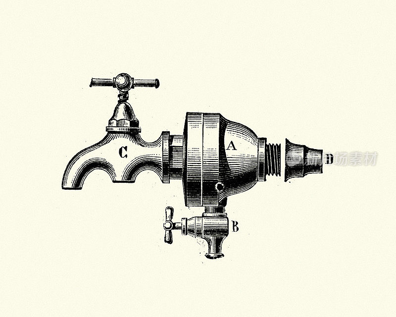 水龙头的复古插图，维多利亚工业风格