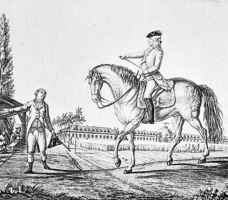 卡尔尤根公爵Württemberg骑着马和他的建筑大师在斯图加特霍恩海姆站在地上