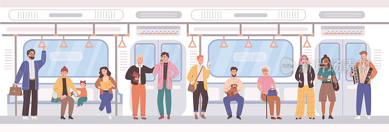 一大群人乘坐公共交通工具地铁。乘客乘坐市内巴士、地铁列车。男人女人的孩子们在火车内部宠着交流，读书，听音乐，男人拉手风琴