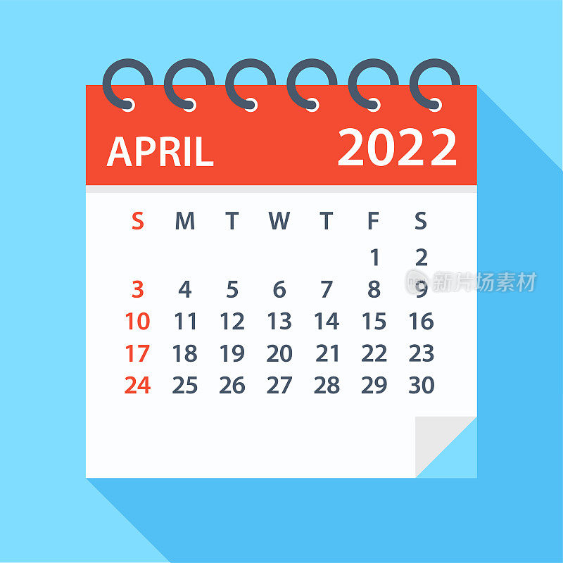 2022年4月-日历。一周从周日开始