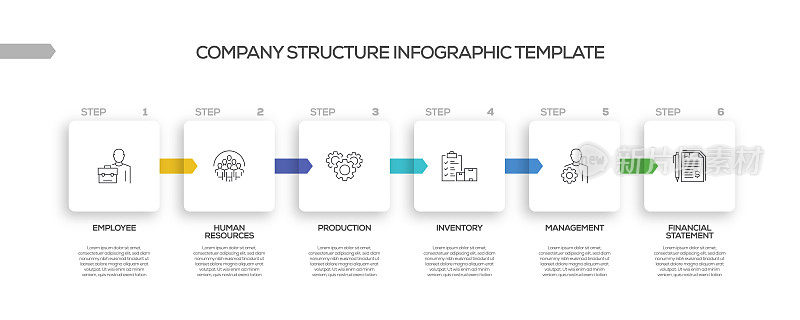 公司结构相关流程信息图表模板。过程时间图。带有线性图标的工作流布局