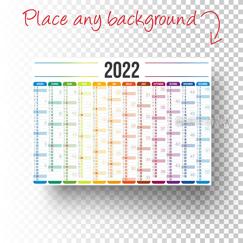 2022年法国日历被隔离在空白的背景上