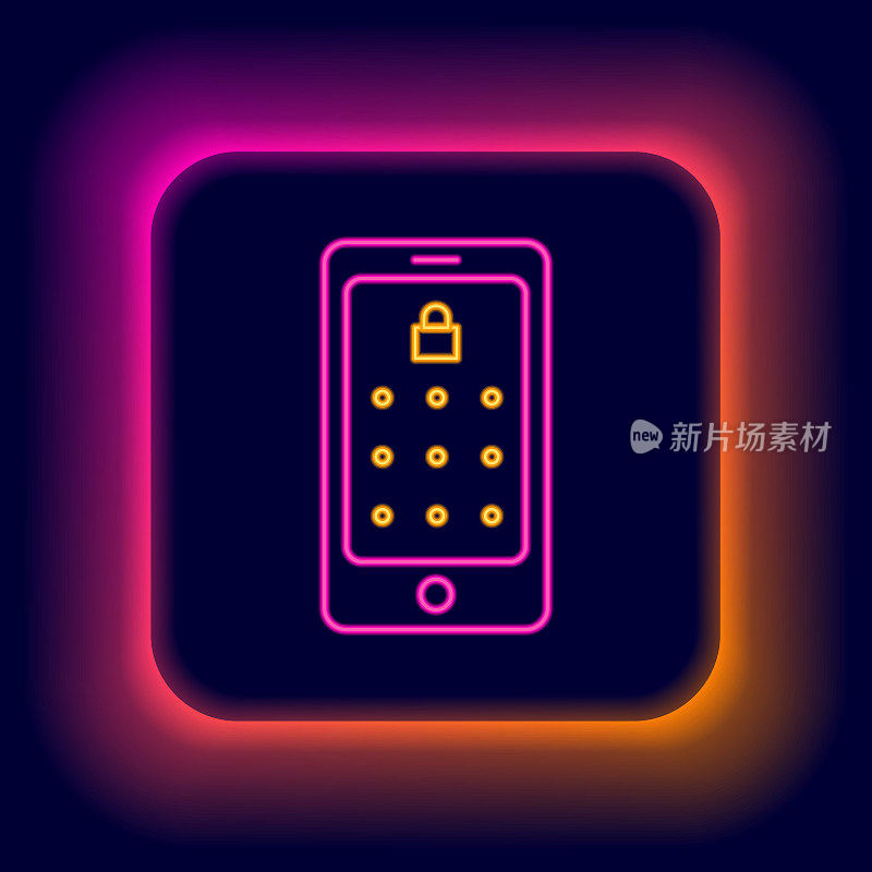 发光霓虹灯线手机和图形密码保护图标孤立在黑色背景。安全，个人访问，用户授权。色彩斑斓的轮廓的概念。向量